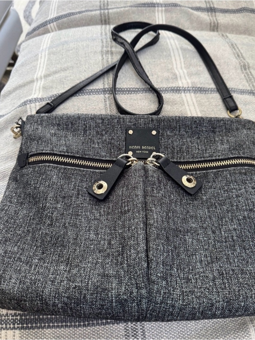 HenriBendel    charcoal gray tweed crossbody with black trim and gold hardware